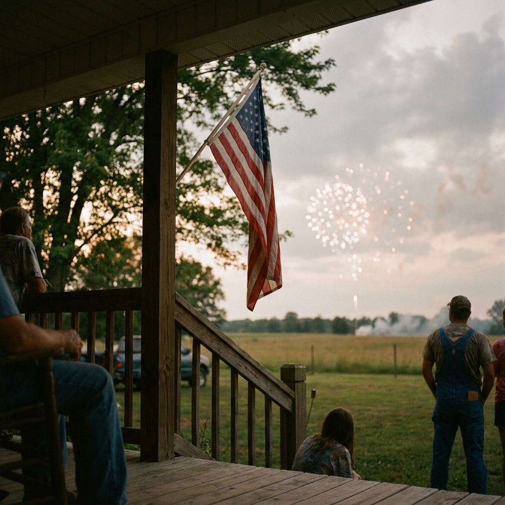 a patriotic image, include an american flag and fireworks